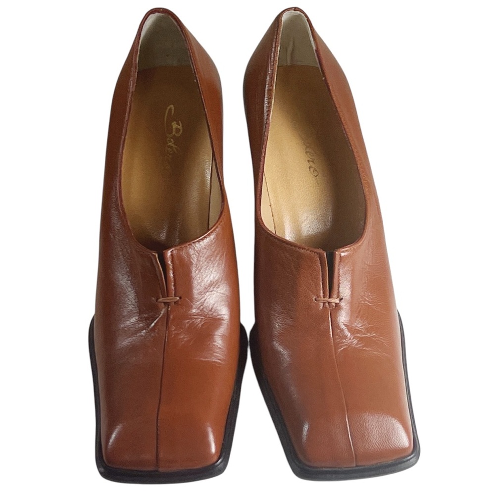 Bolero Italian Cognac Leather Square Toe Wedges Sz 38/US 7 Menswear Office NWOT - Picture 2 of 6